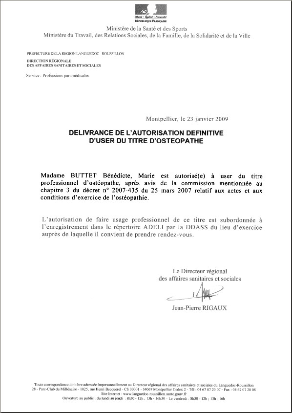 Autorisation d'user du titre d'ost�opathe