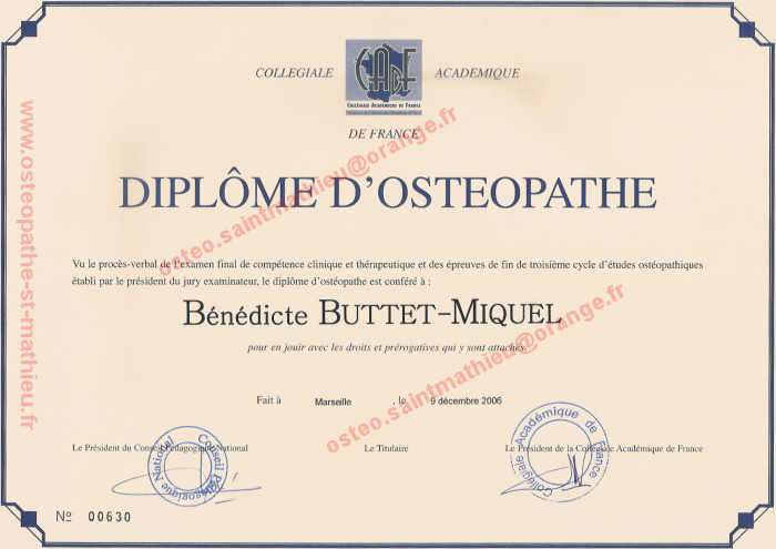 Diplôme d'Ostéopathie de Bénédicte MIQUEL